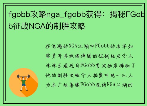 fgobb攻略nga_fgobb获得：揭秘FGobb征战NGA的制胜攻略